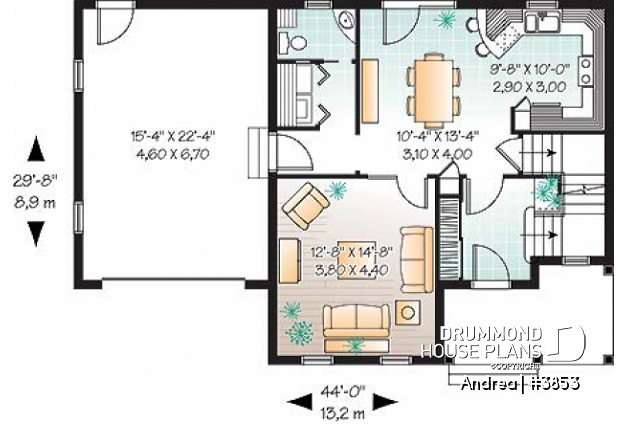 1st level - Small, simple two-storey home plan, three bedrooms, large kitchen, laundry room on main floor, garage - Andrea