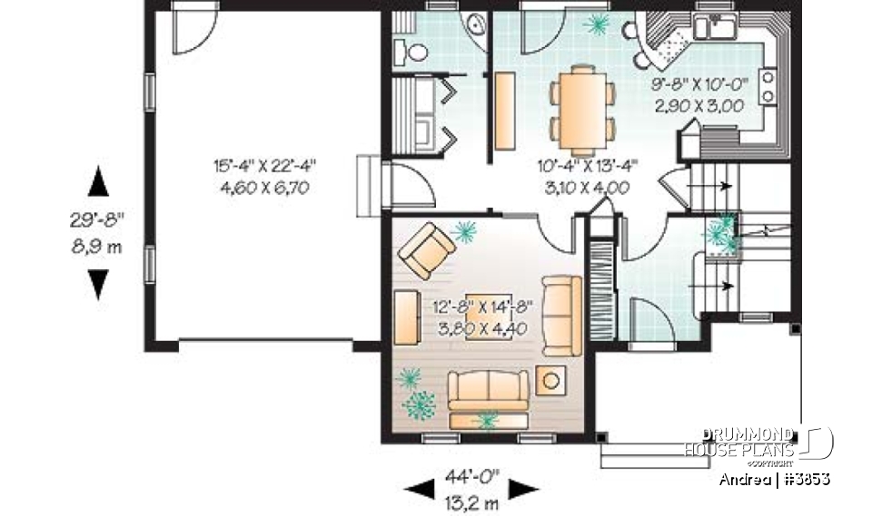 1st level - Small, simple two-storey home plan, three bedrooms, large kitchen, laundry room on main floor, garage - Andrea
