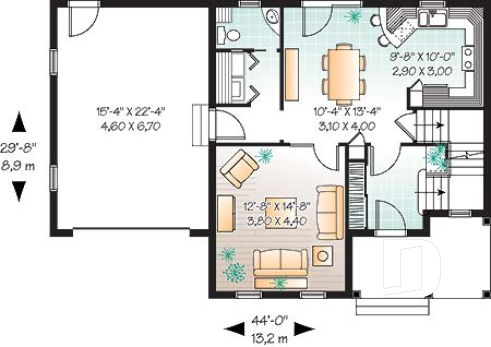 1st level - Small, simple two-storey home plan, three bedrooms, large kitchen, laundry room on main floor, garage - Andrea