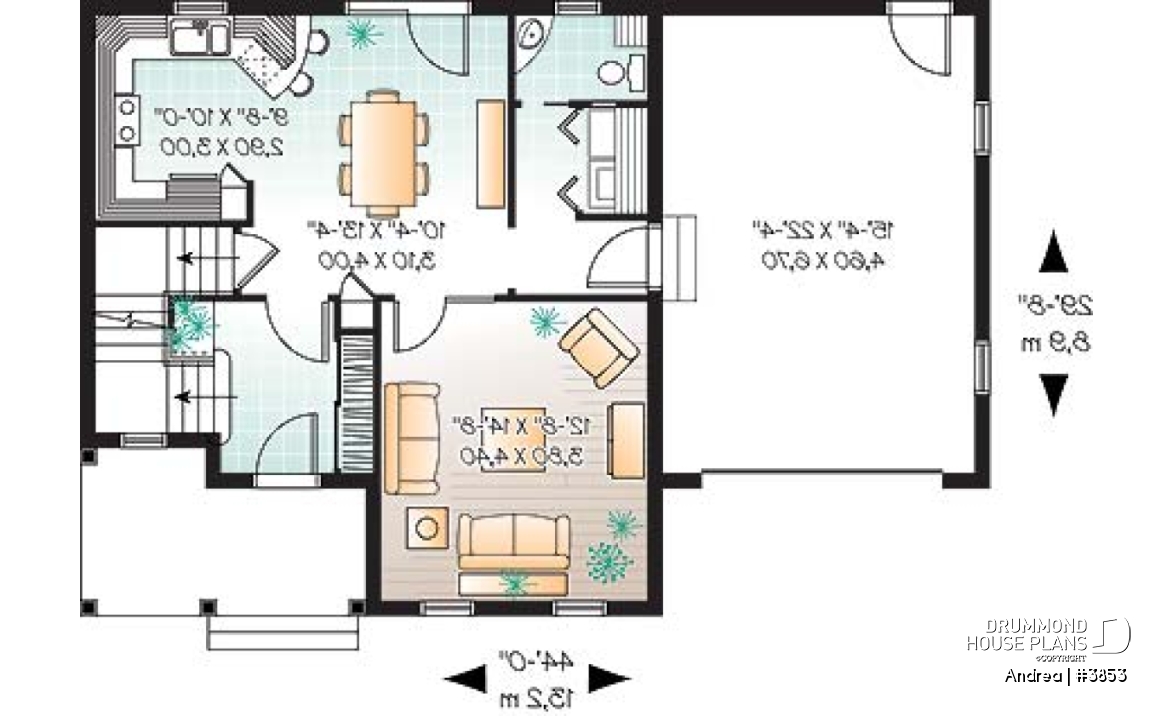 1st level - Small, simple two-storey home plan, three bedrooms, large kitchen, laundry room on main floor, garage - Andrea