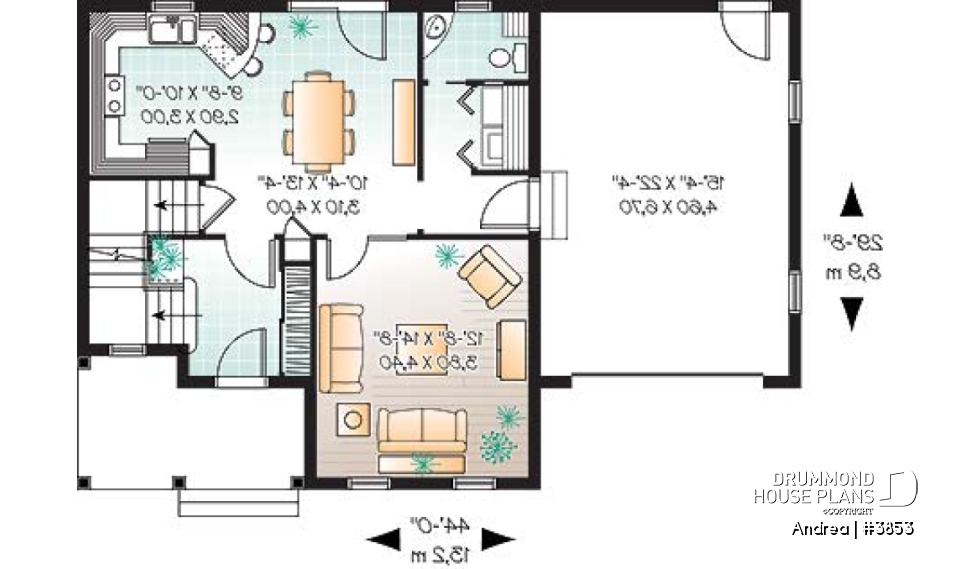 1st level - Small, simple two-storey home plan, three bedrooms, large kitchen, laundry room on main floor, garage - Andrea