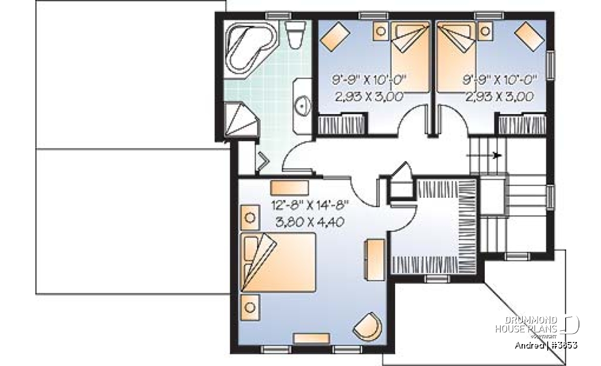 2nd level - Small, simple two-storey home plan, three bedrooms, large kitchen, laundry room on main floor, garage - Andrea