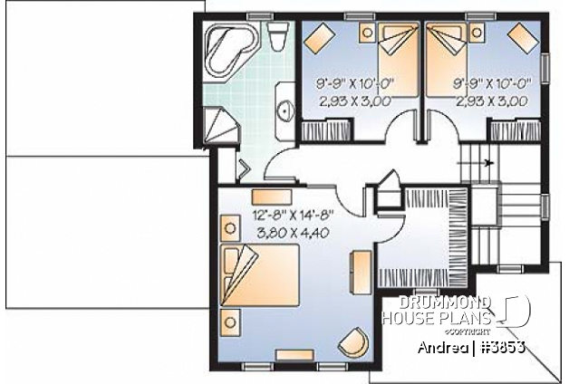 2nd level - Small, simple two-storey home plan, three bedrooms, large kitchen, laundry room on main floor, garage - Andrea