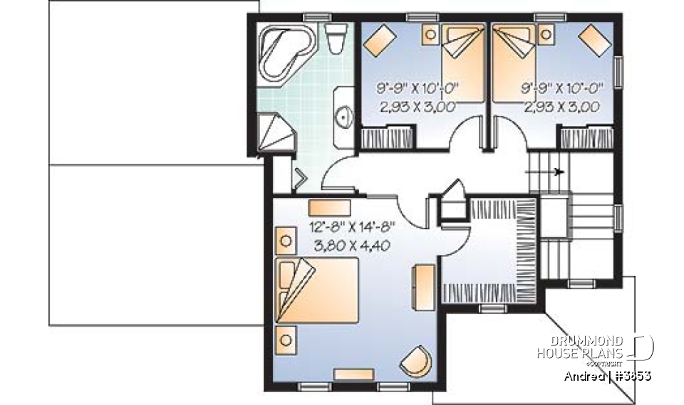 2nd level - Small, simple two-storey home plan, three bedrooms, large kitchen, laundry room on main floor, garage - Andrea