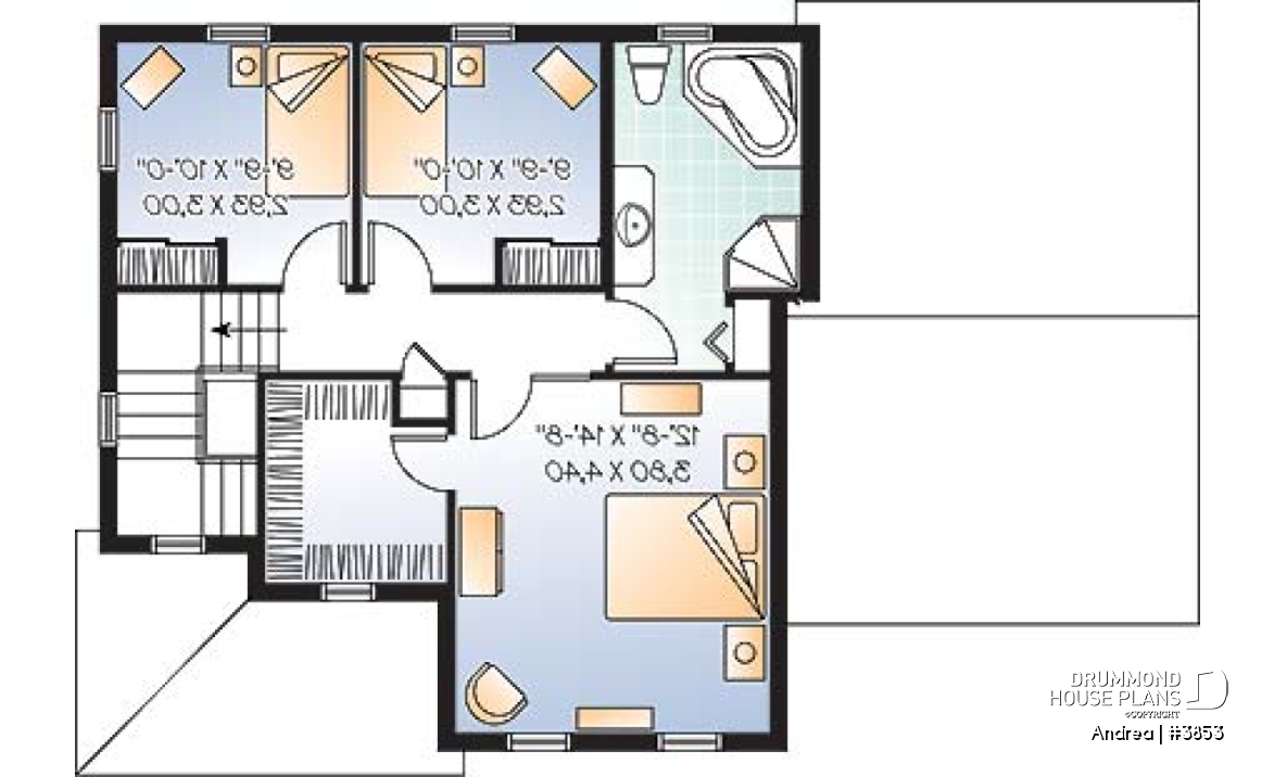2nd level - Small, simple two-storey home plan, three bedrooms, large kitchen, laundry room on main floor, garage - Andrea
