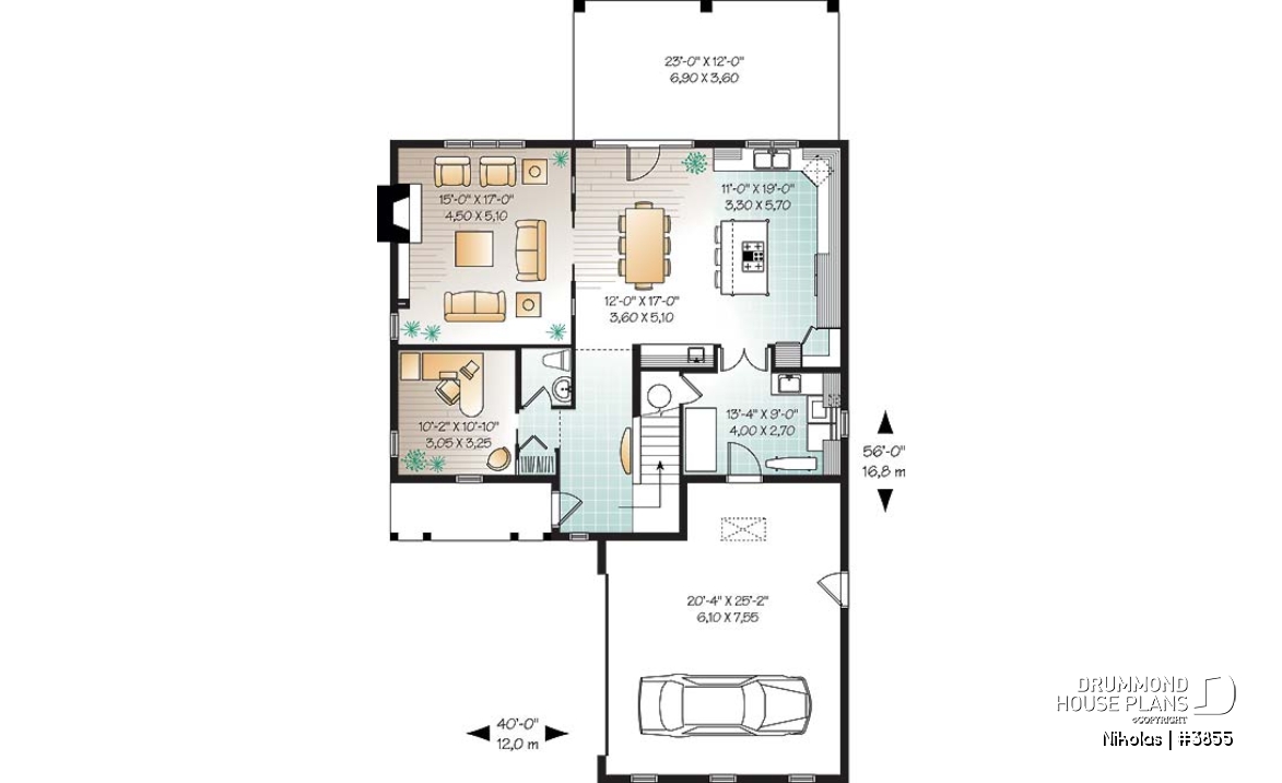 1st level - Mediterranean style house plan, 4 bedrooms, 3-car garage, master suite with private balcony - Nikolas