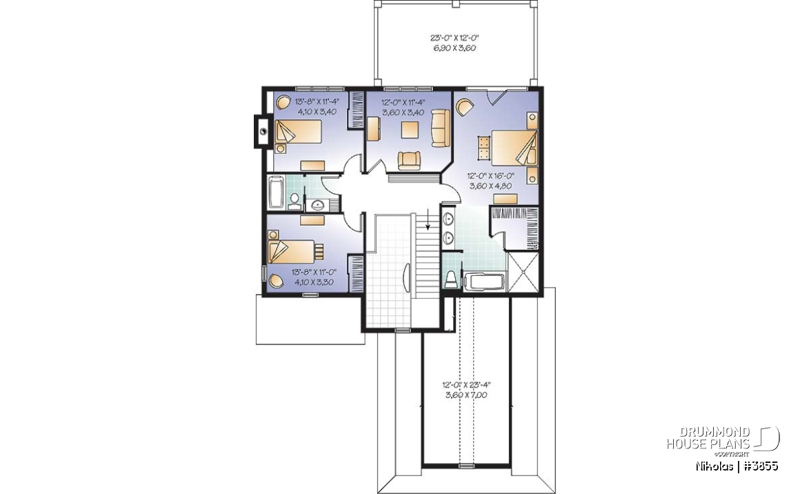 2nd level - Mediterranean style house plan, 4 bedrooms, 3-car garage, master suite with private balcony - Nikolas