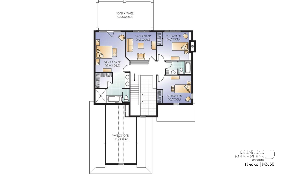 2nd level - Mediterranean style house plan, 4 bedrooms, 3-car garage, master suite with private balcony - Nikolas