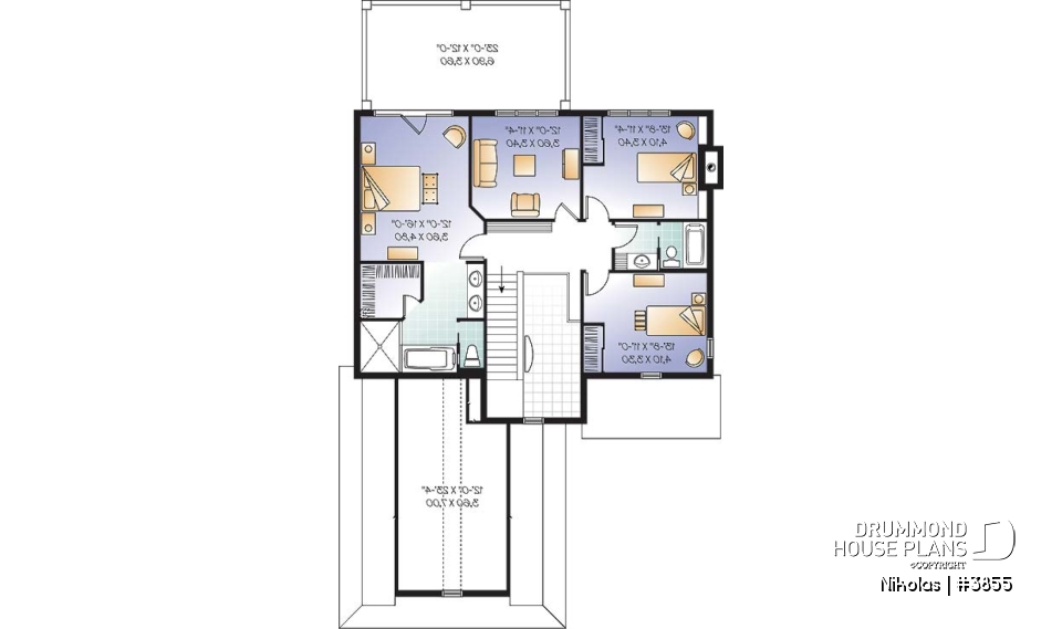 2nd level - Mediterranean style house plan, 4 bedrooms, 3-car garage, master suite with private balcony - Nikolas