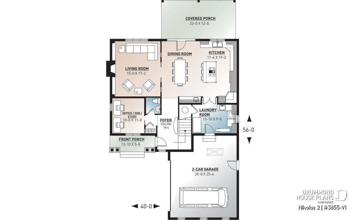 1st level - Farm cottage house plan with 4 bedrooms, master suite, home office, courtyard garage, fireplace, covered porch - Nikolas 2