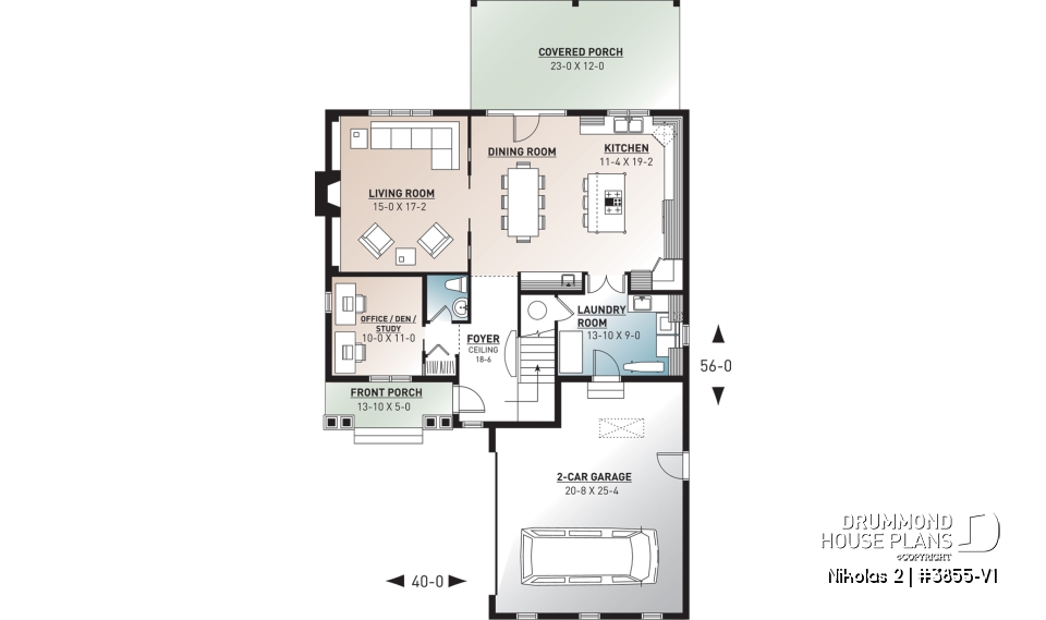 1st level - Farm cottage house plan with 4 bedrooms, master suite, home office, courtyard garage, fireplace, covered porch - Nikolas 2
