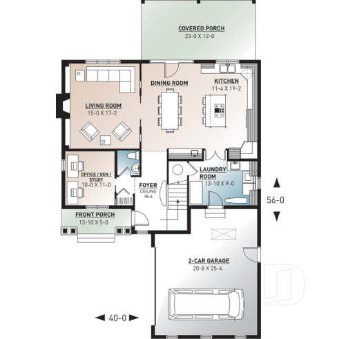 1st level - Farm cottage house plan with 4 bedrooms, master suite, home office, courtyard garage, fireplace, covered porch - Nikolas 2