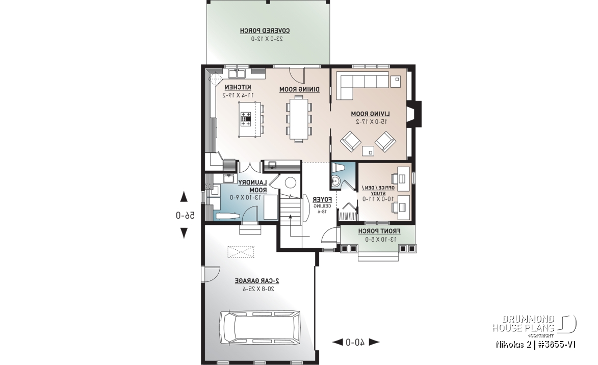1st level - Farm cottage house plan with 4 bedrooms, master suite, home office, courtyard garage, fireplace, covered porch - Nikolas 2