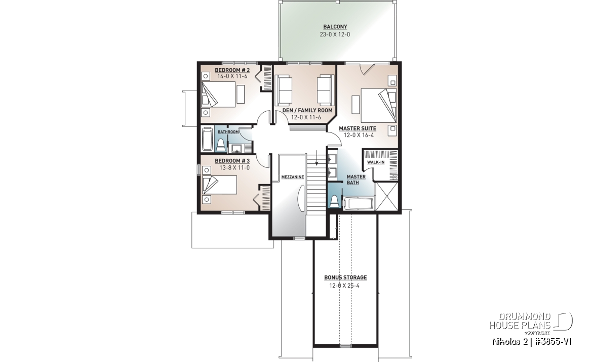 2nd level - Farm cottage house plan with 4 bedrooms, master suite, home office, courtyard garage, fireplace, covered porch - Nikolas 2