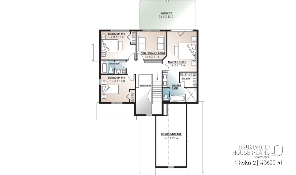 2nd level - Farm cottage house plan with 4 bedrooms, master suite, home office, courtyard garage, fireplace, covered porch - Nikolas 2