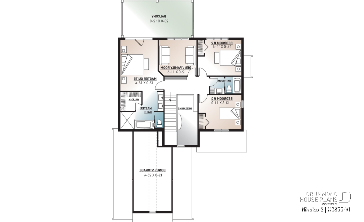2nd level - Farm cottage house plan with 4 bedrooms, master suite, home office, courtyard garage, fireplace, covered porch - Nikolas 2