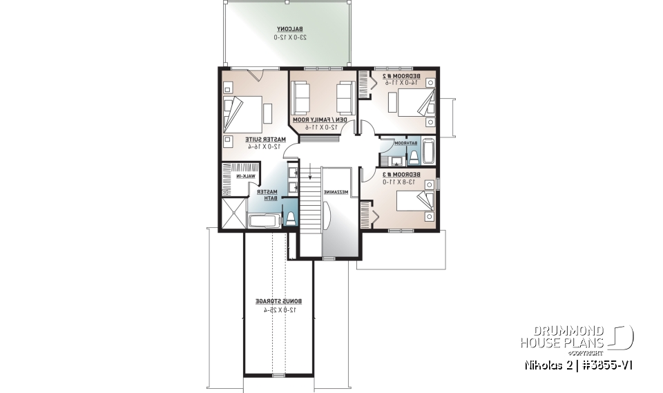 2nd level - Farm cottage house plan with 4 bedrooms, master suite, home office, courtyard garage, fireplace, covered porch - Nikolas 2