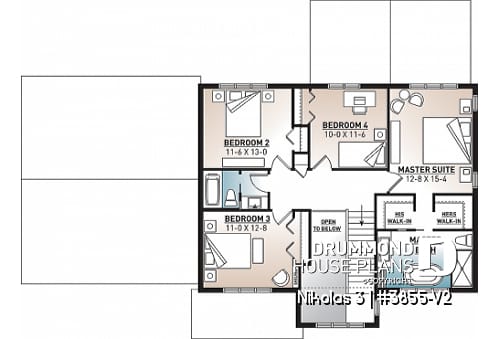 2nd level - 4 bedroom house plan with 2-car garage, pantry, mud room, master on 2nd floor, home office and more! - Nikolas 3