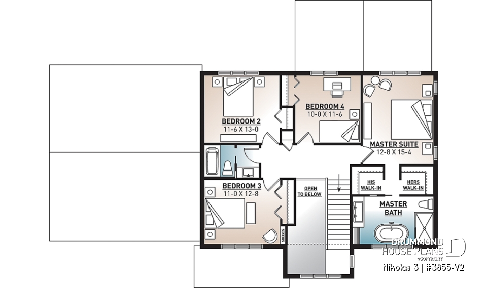 2nd level - 4 bedroom house plan with 2-car garage, pantry, mud room, master on 2nd floor, home office and more! - Nikolas 3