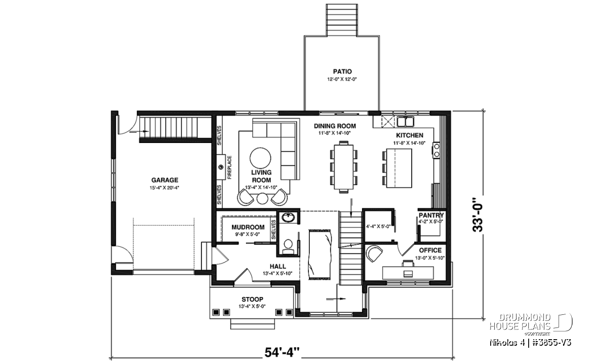 1st level - Beautiful country farmhouse style house plan with 3 bedrooms, garage, den, pantry, mudroom - Nikolas 4
