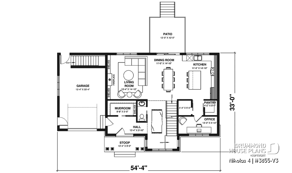 1st level - Beautiful country farmhouse style house plan with 3 bedrooms, garage, den, pantry, mudroom - Nikolas 4