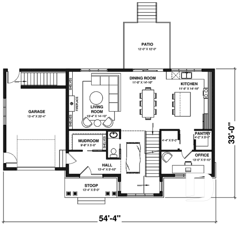 1st level - Beautiful country farmhouse style house plan with 3 bedrooms, garage, den, pantry, mudroom - Nikolas 4