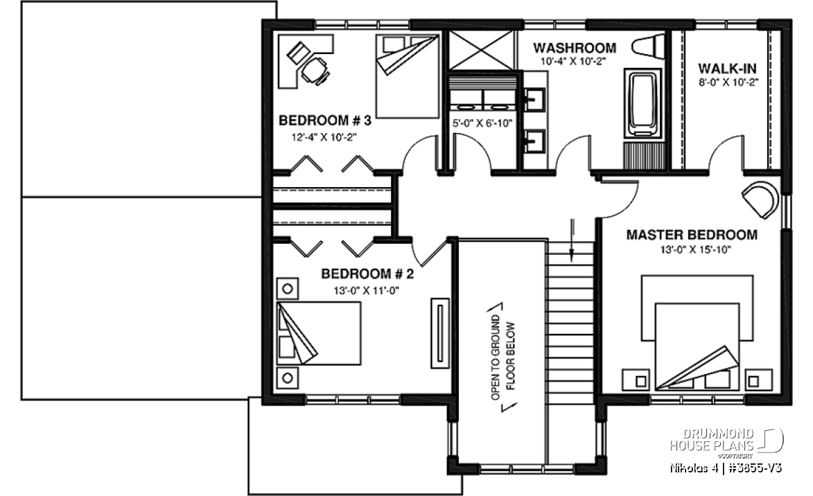 2nd level - Beautiful country farmhouse style house plan with 3 bedrooms, garage, den, pantry, mudroom - Nikolas 4