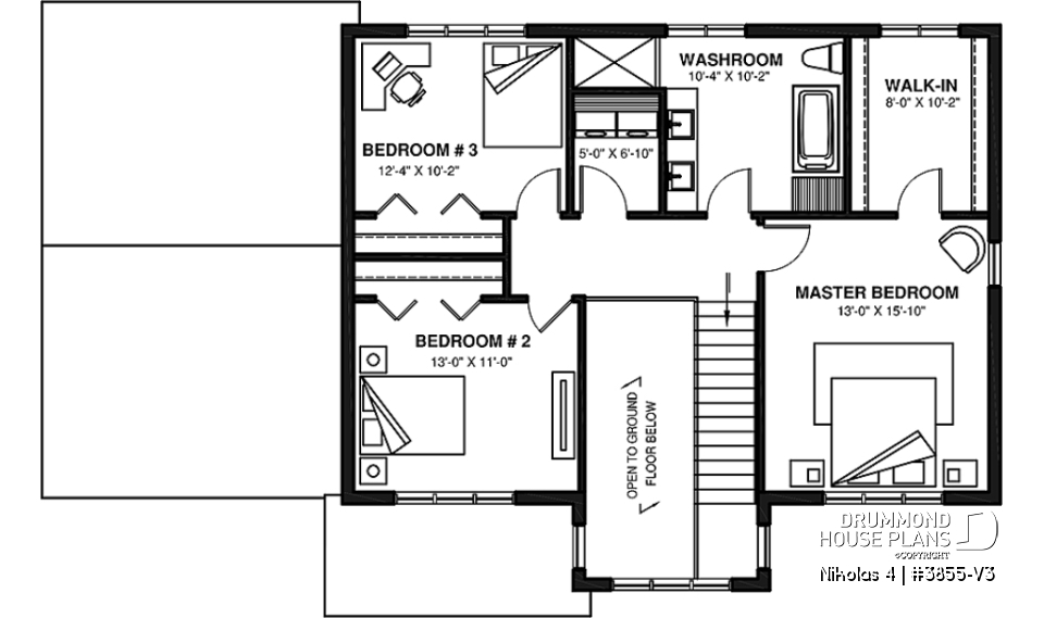 2nd level - Beautiful country farmhouse style house plan with 3 bedrooms, garage, den, pantry, mudroom - Nikolas 4