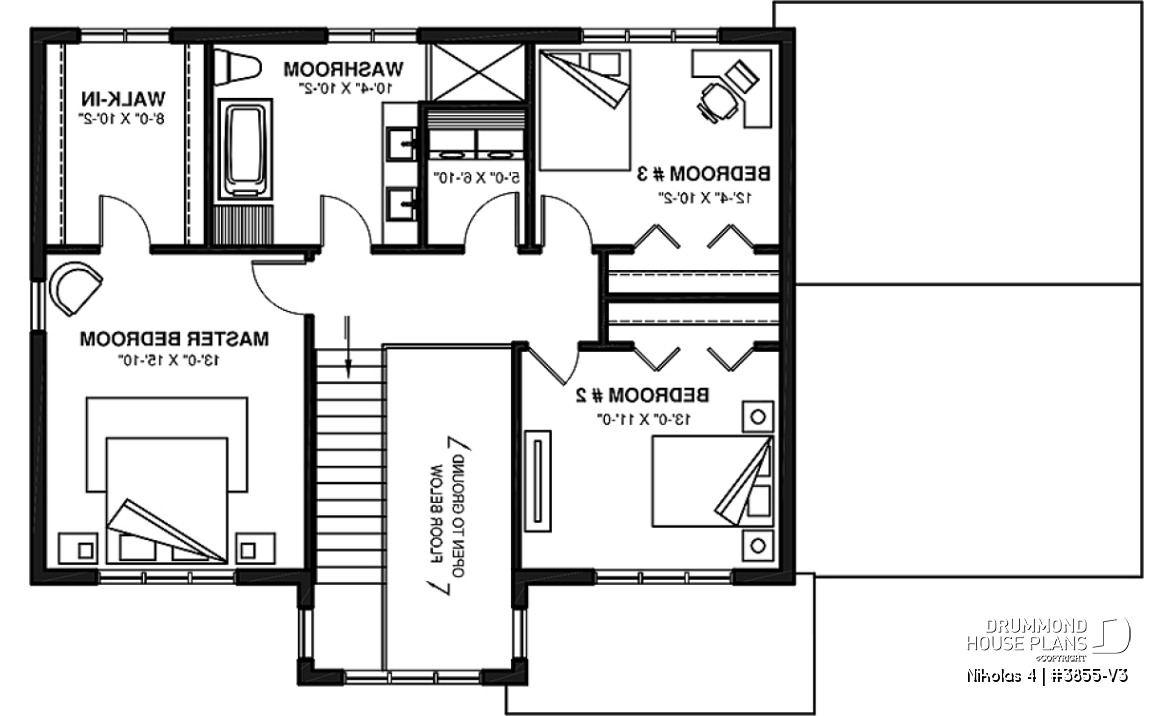 2nd level - Beautiful country farmhouse style house plan with 3 bedrooms, garage, den, pantry, mudroom - Nikolas 4