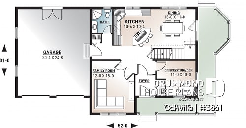 1st level - Modern farmhouse home plan, 2-car garage, 3 bedrooms, laundry room on second floor, home office - Oakville