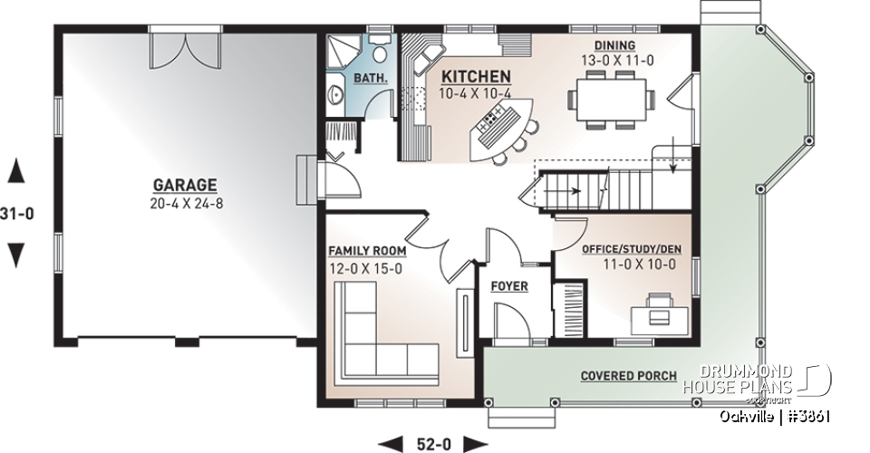 1st level - Modern farmhouse home plan, 2-car garage, 3 bedrooms, laundry room on second floor, home office - Oakville