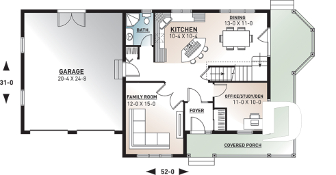 1st level - Modern farmhouse home plan, 2-car garage, 3 bedrooms, laundry room on second floor, home office - Oakville