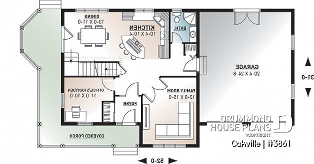 1st level - Modern farmhouse home plan, 2-car garage, 3 bedrooms, laundry room on second floor, home office - Oakville