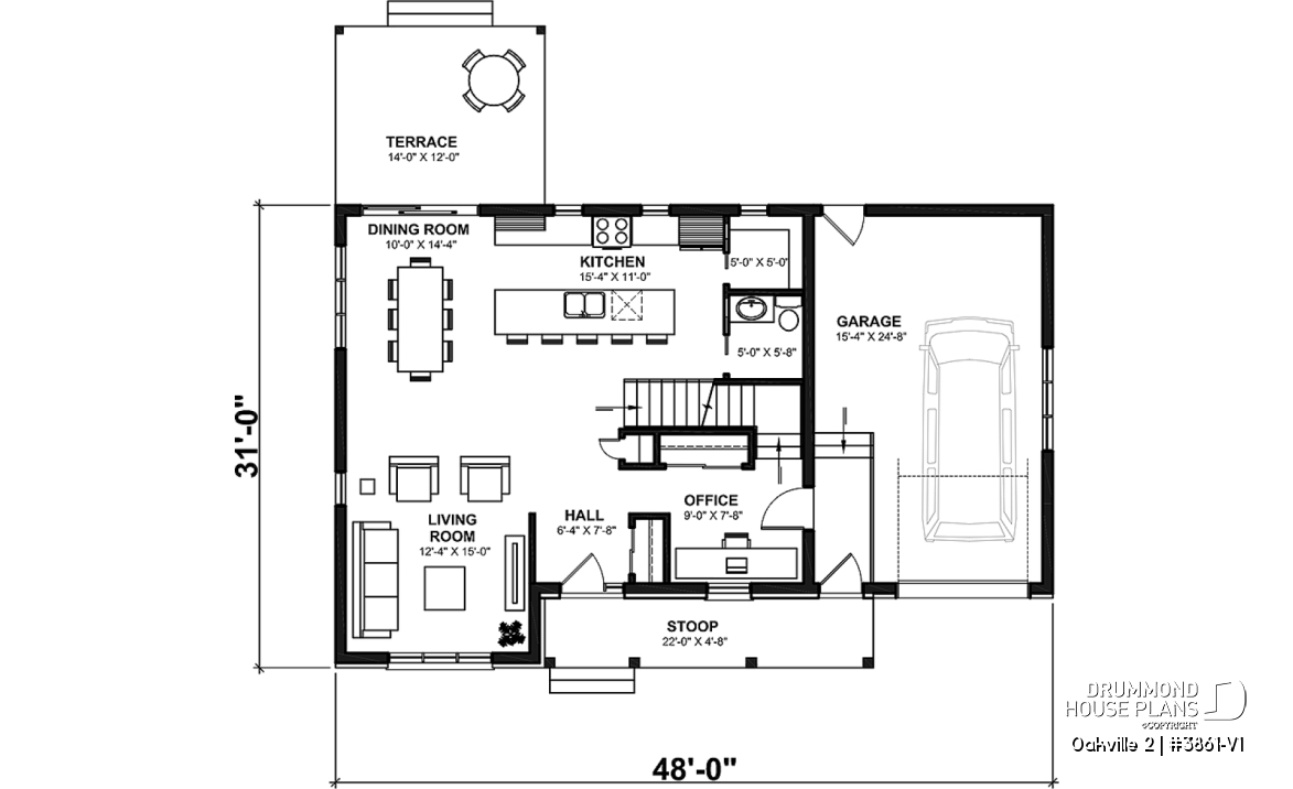 1st level - 2-Storey 3 bedroom Farmhouse home design with garage, den, kitchen with large island and pantry - Oakville 2