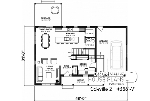 1st level - 2-Storey 3 bedroom Farmhouse home design with garage, den, kitchen with large island and pantry - Oakville 2