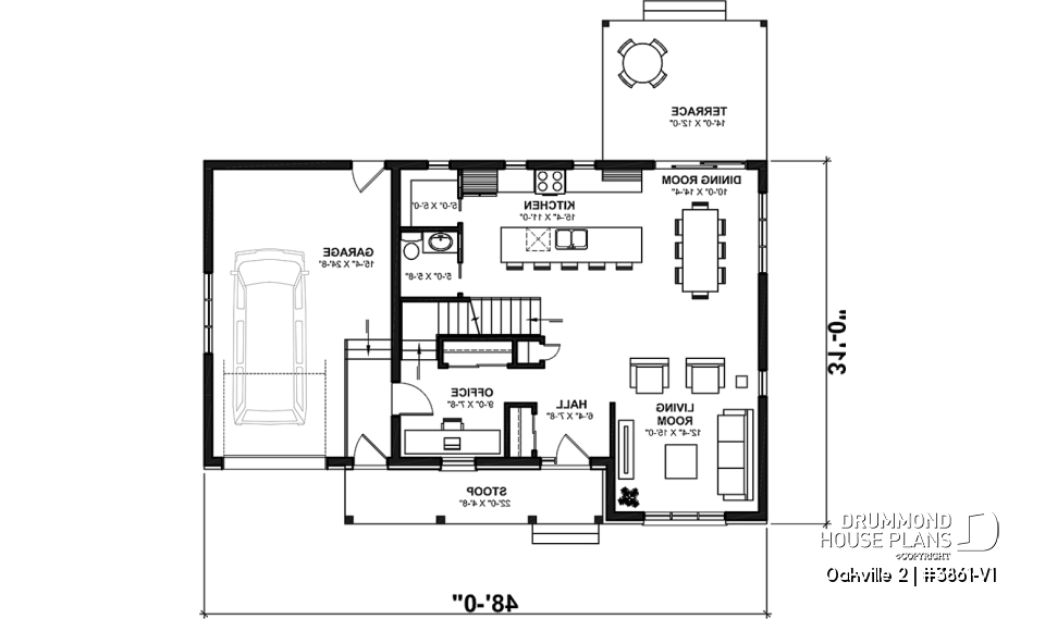 1st level - 2-Storey 3 bedroom Farmhouse home design with garage, den, kitchen with large island and pantry - Oakville 2