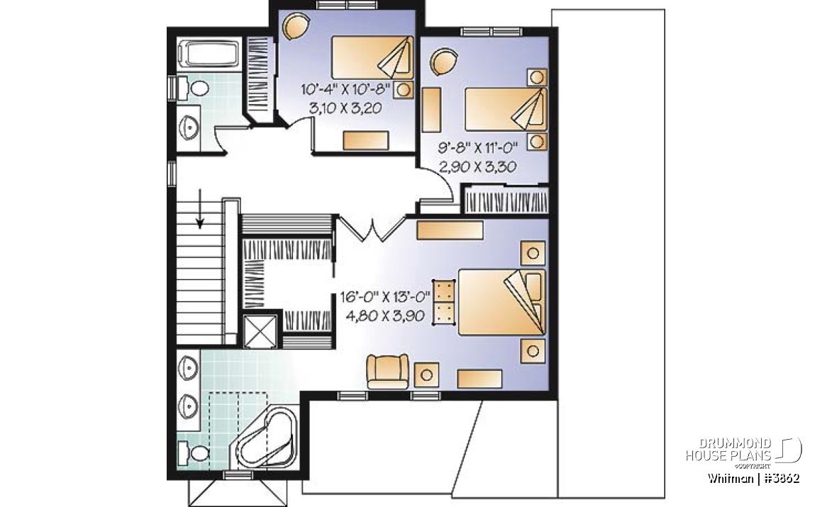 2nd level - Affordable American style home plan with 3 bedrooms and master suite, garage - Whitman