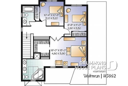 2nd level - Affordable American style home plan with 3 bedrooms and master suite, garage - Whitman