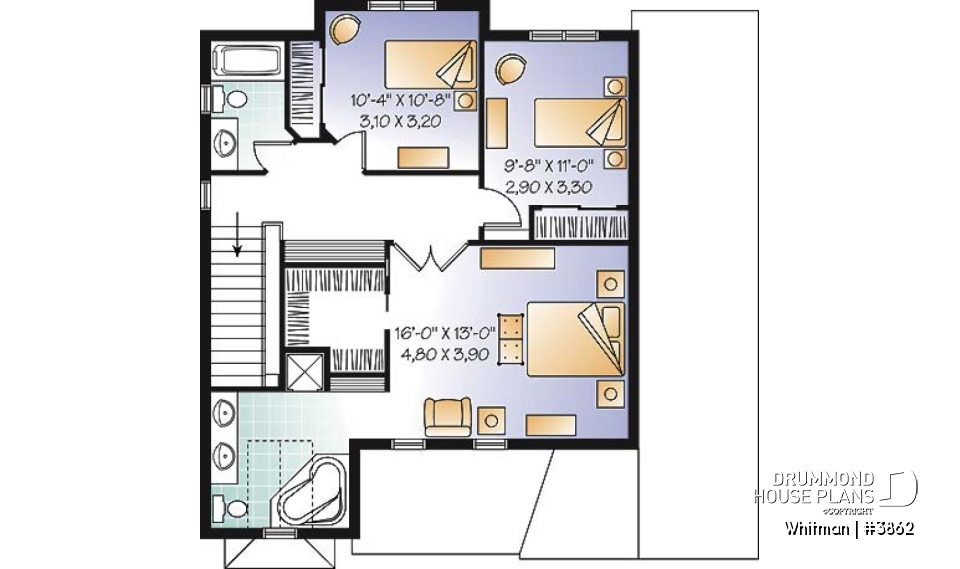 2nd level - Affordable American style home plan with 3 bedrooms and master suite, garage - Whitman