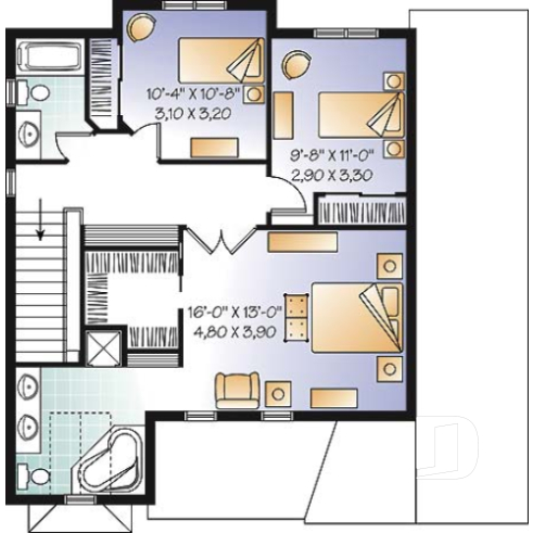 2nd level - Affordable American style home plan with 3 bedrooms and master suite, garage - Whitman