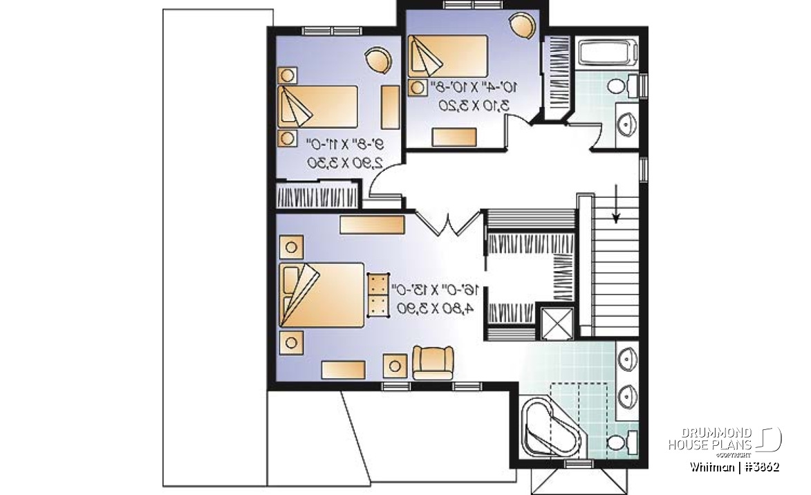 2nd level - Affordable American style home plan with 3 bedrooms and master suite, garage - Whitman