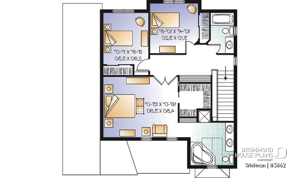 2nd level - Affordable American style home plan with 3 bedrooms and master suite, garage - Whitman