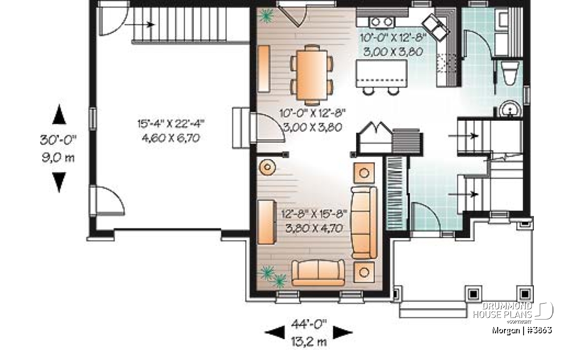 1st level - 3 bedroom European house plan with sunken living room, fireplace and garage - Morgan