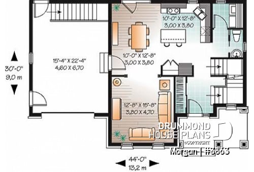 1st level - 3 bedroom European house plan with sunken living room, fireplace and garage - Morgan