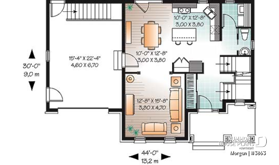 1st level - 3 bedroom European house plan with sunken living room, fireplace and garage - Morgan