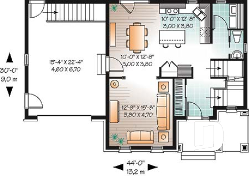 1st level - 3 bedroom European house plan with sunken living room, fireplace and garage - Morgan