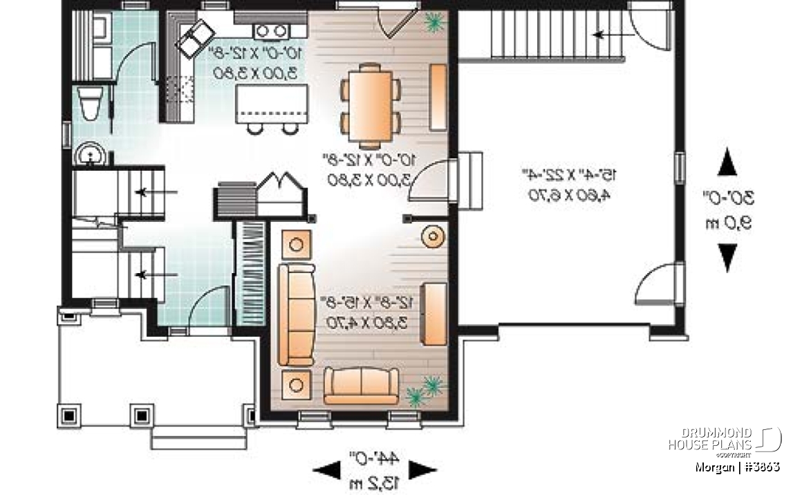 1st level - 3 bedroom European house plan with sunken living room, fireplace and garage - Morgan