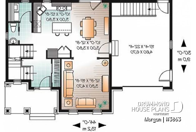1st level - 3 bedroom European house plan with sunken living room, fireplace and garage - Morgan