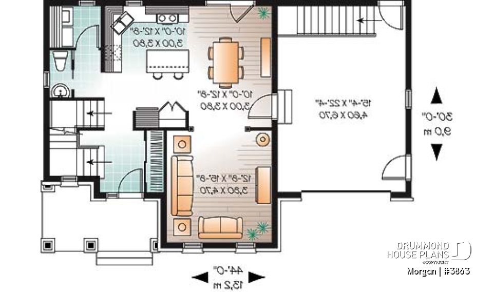 1st level - 3 bedroom European house plan with sunken living room, fireplace and garage - Morgan
