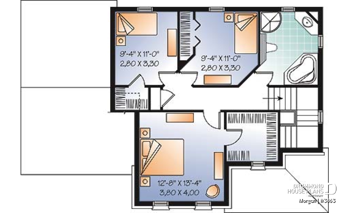 2nd level - 3 bedroom European house plan with sunken living room, fireplace and garage - Morgan
